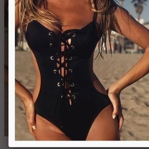 Plumeria black lace up monokini